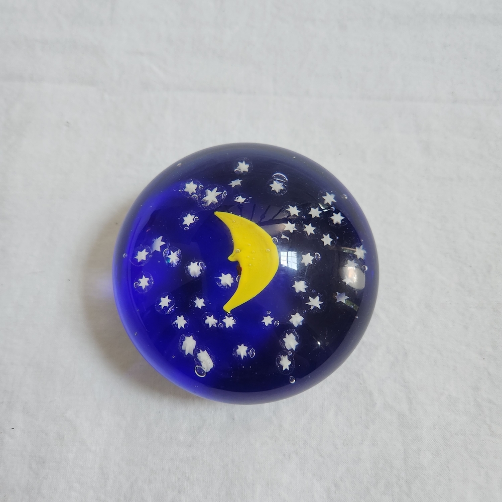 Blue Glass Paperweight with Yellow Moon and Stars